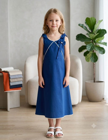 Girl's Midnight Blue Crisp Luxe Cotton  A-Line Dress with Scalloped Trim & Pearl Bow