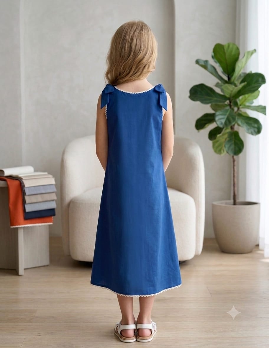 Girl's Midnight Blue Crisp Luxe Cotton  A-Line Dress with Scalloped Trim & Pearl Bow