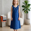 Girl's Midnight Blue Crisp Luxe Cotton  A-Line Dress with Scalloped Trim & Pearl Bow