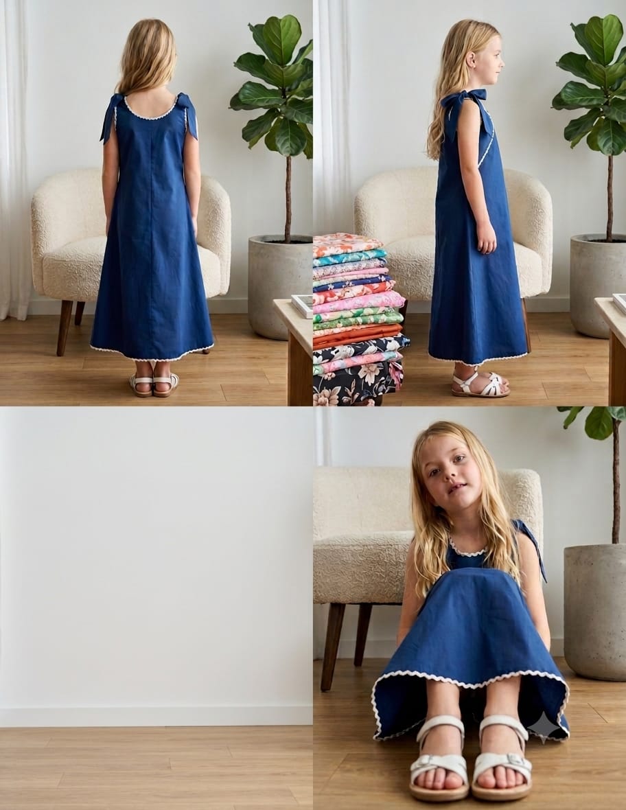 Girl's Midnight Blue Crisp Luxe Cotton  A-Line Dress with Scalloped Trim & Pearl Bow