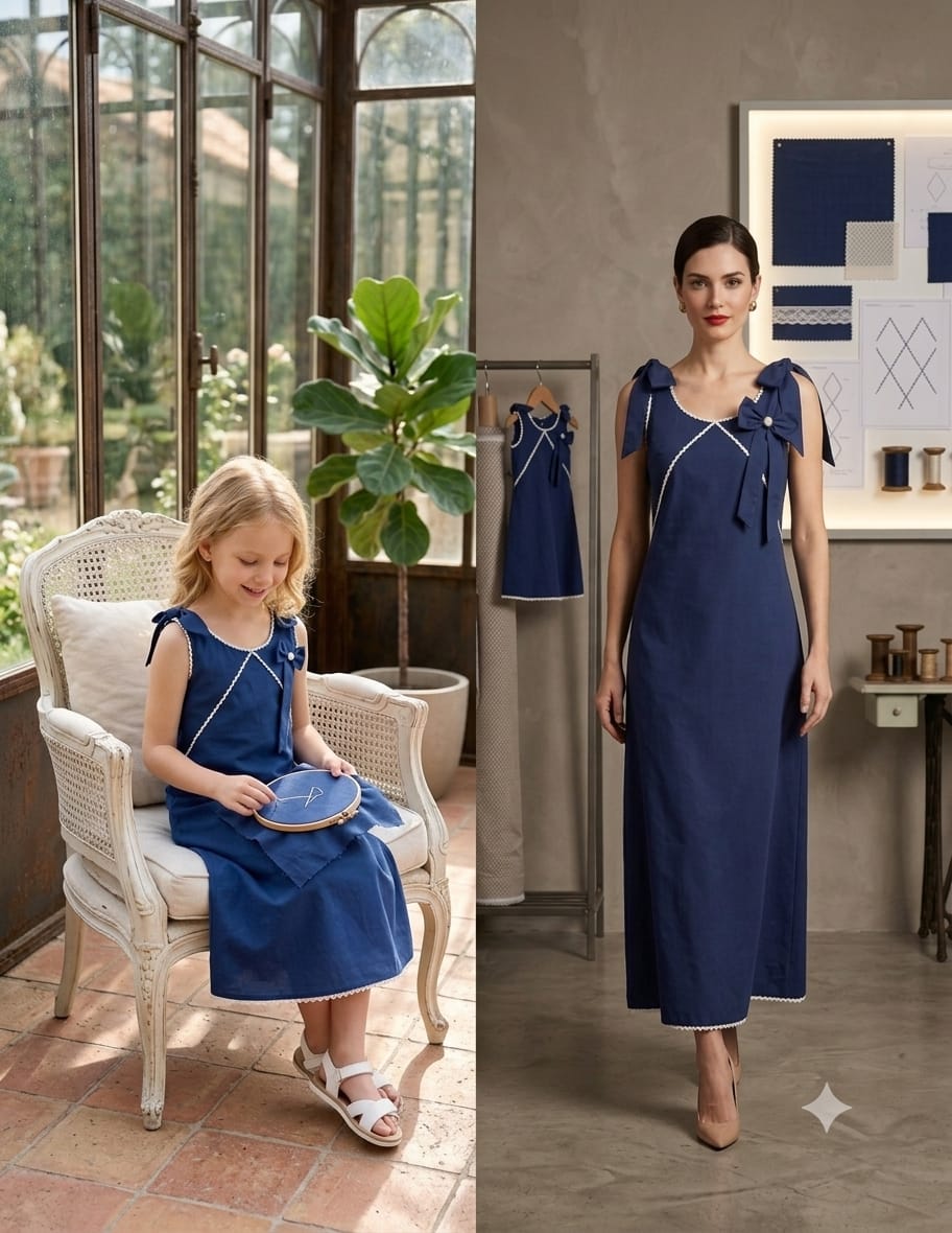 Mom & Daughter Matching Midnight Blue Crisp Luxe Cotton Dress Set
