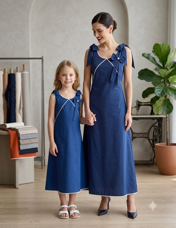 Mom & Daughter Matching Midnight Blue Crisp Luxe Cotton Dress Set