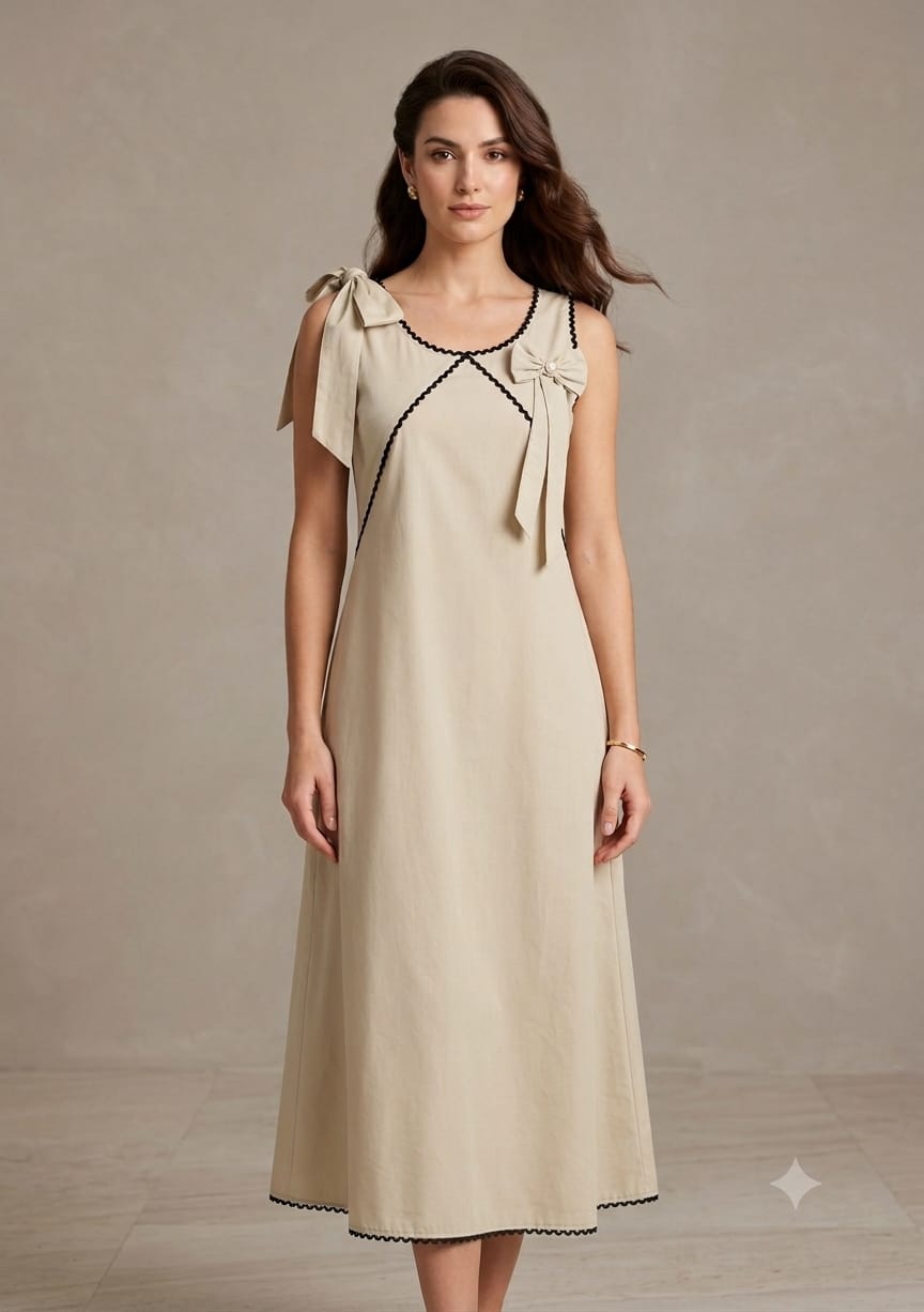 Women's Champagne Beige Crisp Luxe Cotton Midi Dress with Scalloped Trim & Pearl Bow