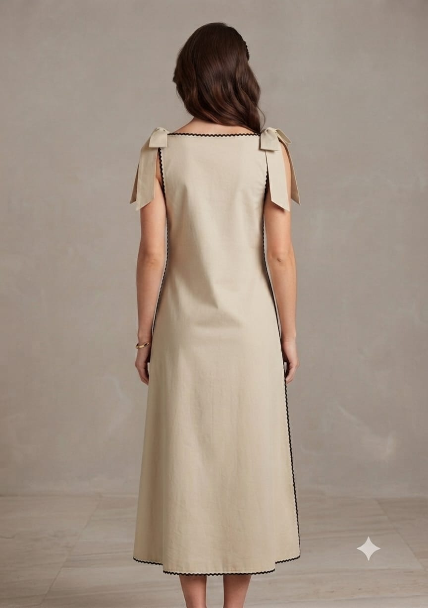 Women's Champagne Beige Crisp Luxe Cotton Midi Dress with Scalloped Trim & Pearl Bow