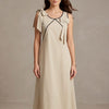 Women's Champagne Beige Crisp Luxe Cotton Midi Dress with Scalloped Trim & Pearl Bow