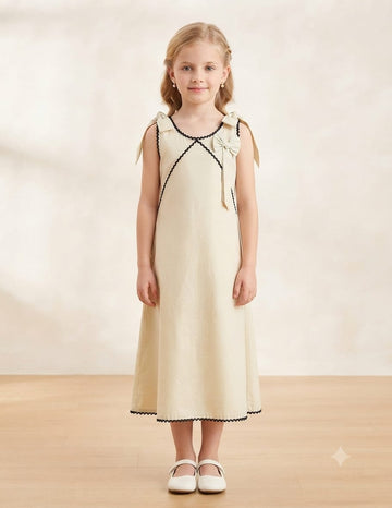 Girl's Pearl Ivory Crisp Luxe Cotton  A-Line Dress with Scalloped Trim & Pearl Bow