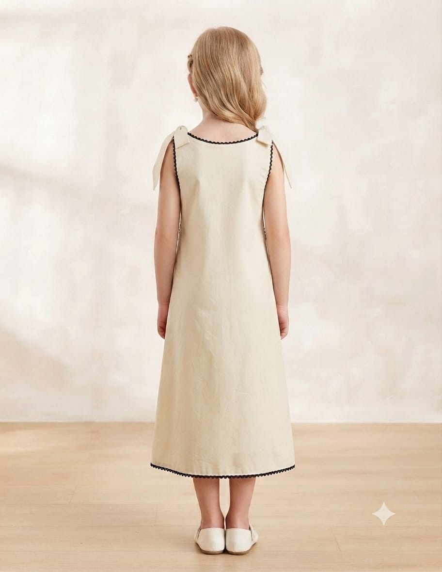 Girl's Pearl Ivory Crisp Luxe Cotton  A-Line Dress with Scalloped Trim & Pearl Bow
