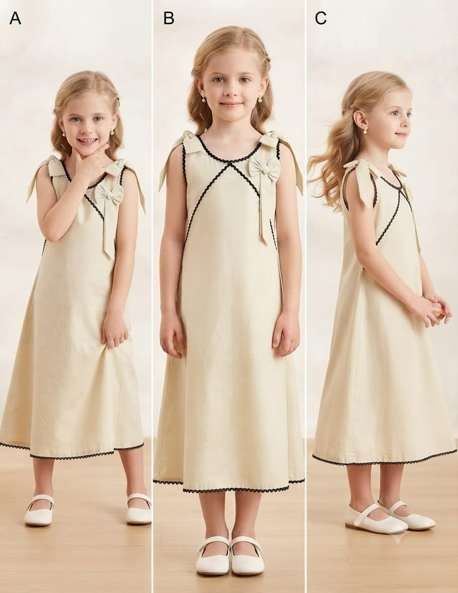 Girl's Pearl Ivory Crisp Luxe Cotton  A-Line Dress with Scalloped Trim & Pearl Bow