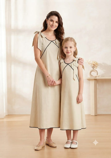 Mom & Daughter Matching Champagne Beige Crisp Luxe Cotton Dress Set