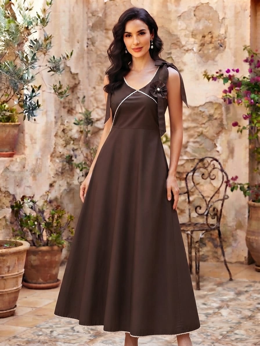 Women's Mocha Brown Crisp Luxe Cotton Midi Dress with Scalloped Trim & Pearl Bow