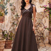 Women's Mocha Brown Crisp Luxe Cotton Midi Dress with Scalloped Trim & Pearl Bow