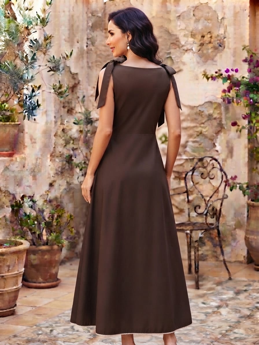 Women's Mocha Brown Crisp Luxe Cotton Midi Dress with Scalloped Trim & Pearl Bow
