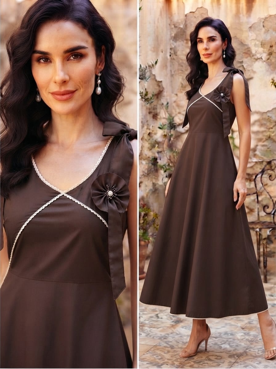 Women's Mocha Brown Crisp Luxe Cotton Midi Dress with Scalloped Trim & Pearl Bow