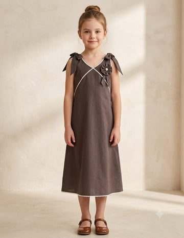 Girl's Mocha Brown Crisp Luxe Cotton  A-Line Dress with Scalloped Trim & Pearl Bow
