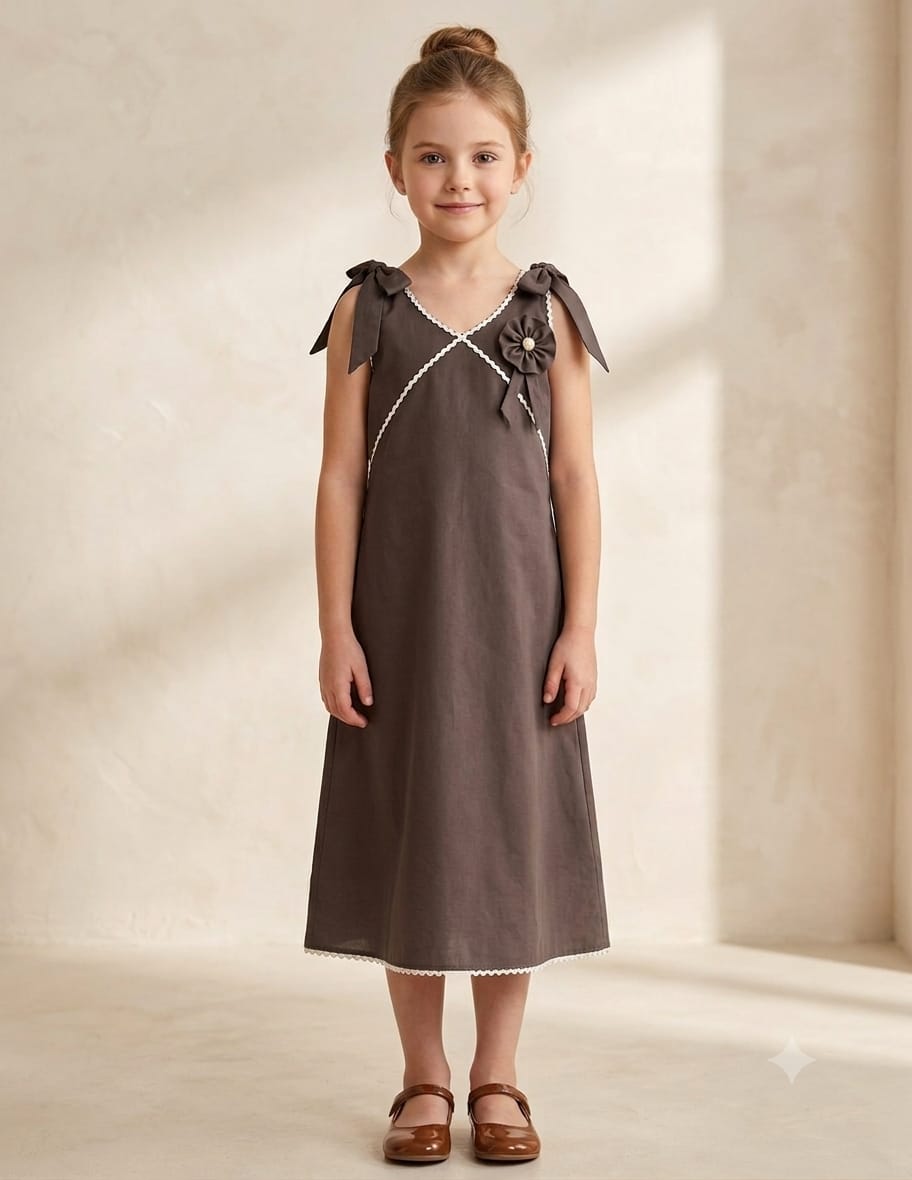 Girl's Mocha Brown Crisp Luxe Cotton  A-Line Dress with Scalloped Trim & Pearl Bow