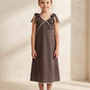 Girl's Mocha Brown Crisp Luxe Cotton  A-Line Dress with Scalloped Trim & Pearl Bow