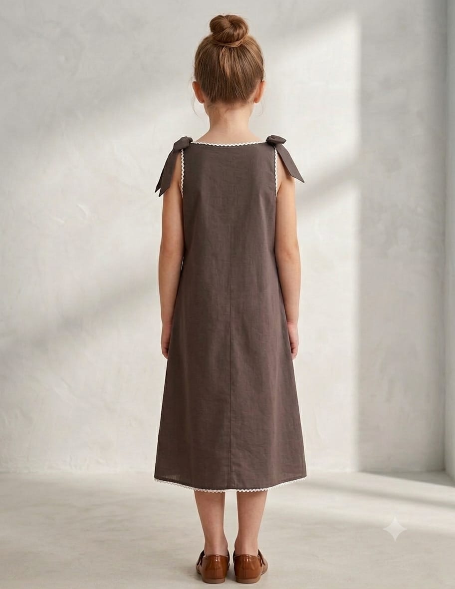 Girl's Mocha Brown Crisp Luxe Cotton  A-Line Dress with Scalloped Trim & Pearl Bow