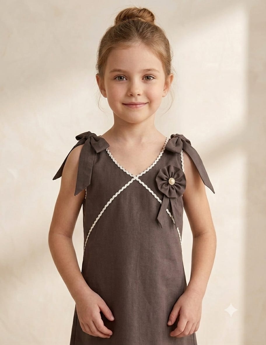 Girl's Mocha Brown Crisp Luxe Cotton  A-Line Dress with Scalloped Trim & Pearl Bow