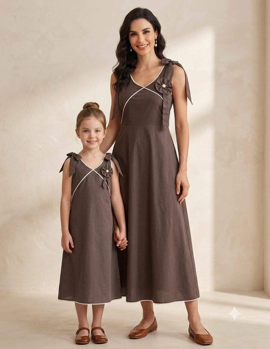 Mom & Daughter Matching Mocha Brown Crisp Luxe Cotton Dress Set