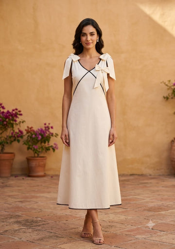 Women's Ivory Crisp Luxe Cotton Midi Dress with Scalloped Trim & Pearl Bow