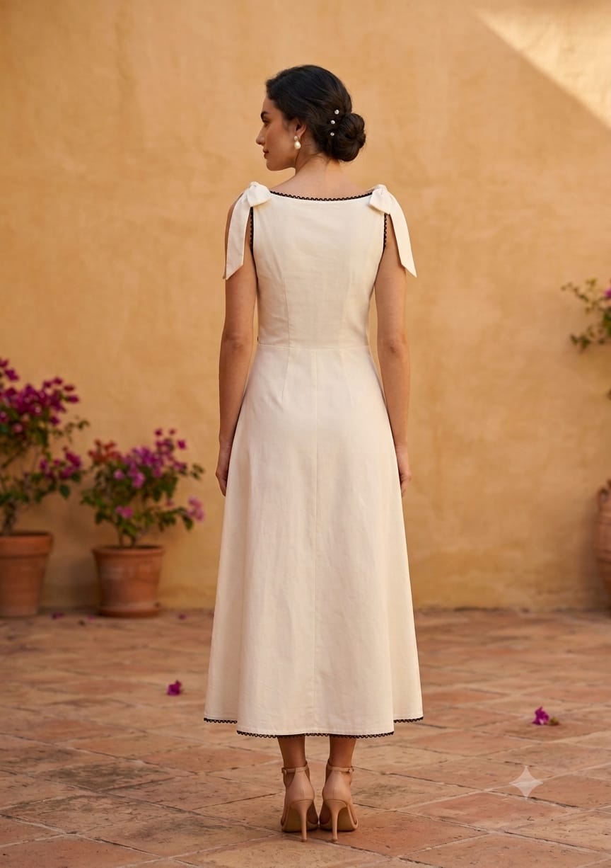 Women's Ivory Crisp Luxe Cotton Midi Dress with Scalloped Trim & Pearl Bow