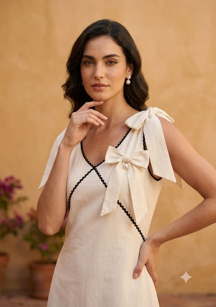 Women's Ivory Crisp Luxe Cotton Midi Dress with Scalloped Trim & Pearl Bow
