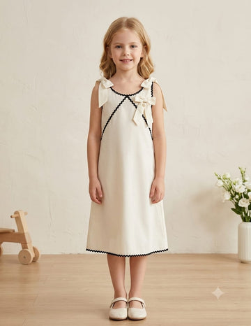 Girl's Winter White Crisp Luxe Cotton  A-Line Dress with Scalloped Trim & Pearl Bow