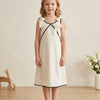 Girl's Winter White Crisp Luxe Cotton  A-Line Dress with Scalloped Trim & Pearl Bow