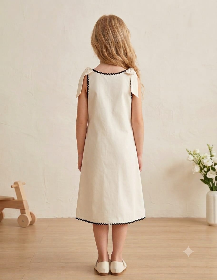 Girl's Winter White Crisp Luxe Cotton  A-Line Dress with Scalloped Trim & Pearl Bow