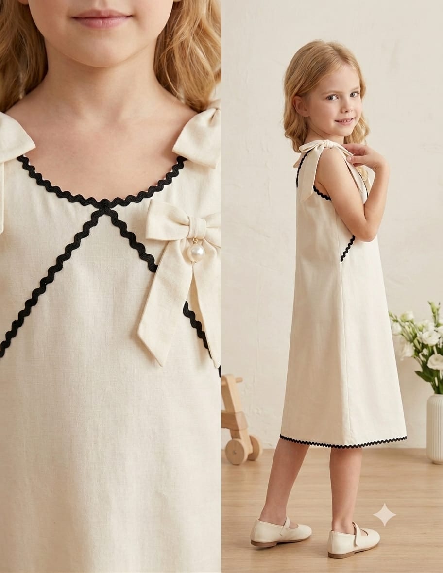 Girl's Winter White Crisp Luxe Cotton  A-Line Dress with Scalloped Trim & Pearl Bow