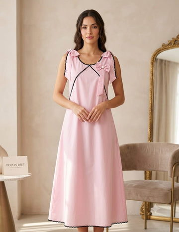 Women's Blush Pink Crisp Luxe Cotton Midi Dress with Scalloped Trim & Pearl Bow