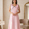 Women's Blush Pink Crisp Luxe Cotton Midi Dress with Scalloped Trim & Pearl Bow