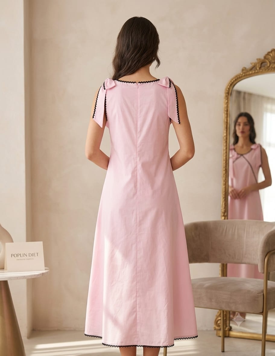 Women's Blush Pink Crisp Luxe Cotton Midi Dress with Scalloped Trim & Pearl Bow