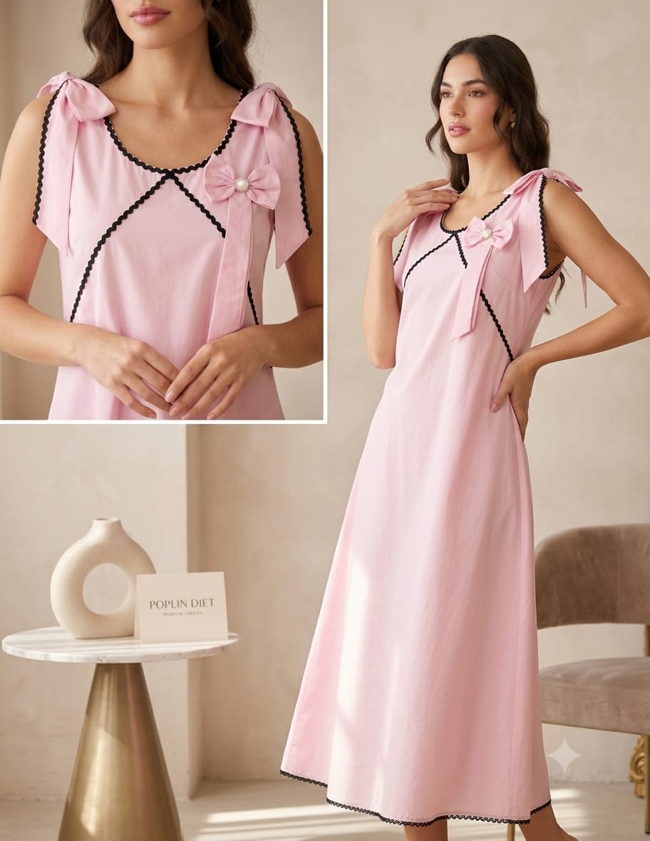 Women's Blush Pink Crisp Luxe Cotton Midi Dress with Scalloped Trim & Pearl Bow
