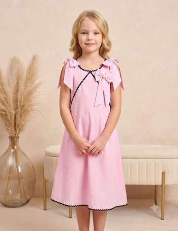 Girl's Blush Pink Crisp Luxe Cotton  A-Line Dress with Scalloped Trim & Pearl Bow