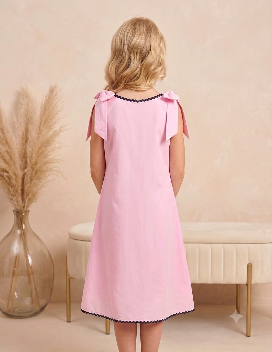 Girl's Blush Pink Crisp Luxe Cotton  A-Line Dress with Scalloped Trim & Pearl Bow