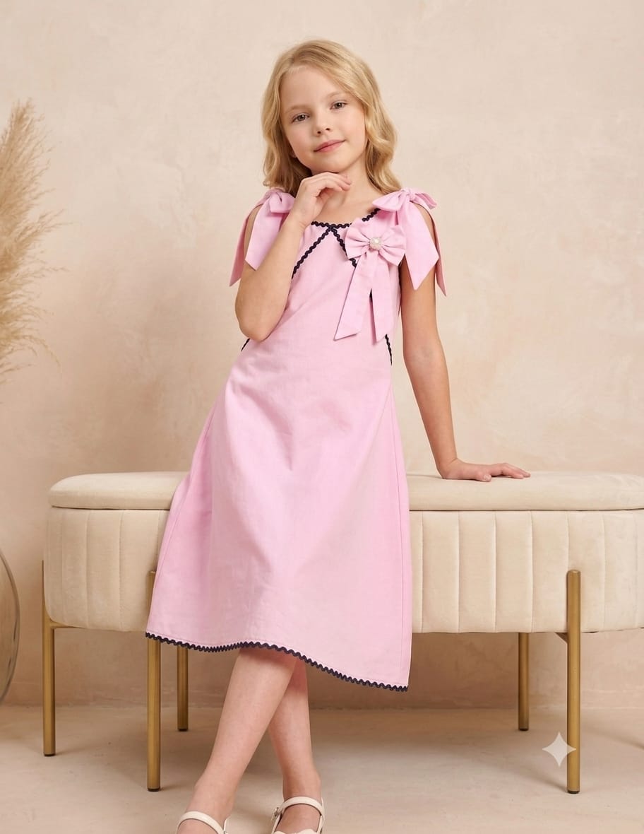 Girl's Blush Pink Crisp Luxe Cotton  A-Line Dress with Scalloped Trim & Pearl Bow