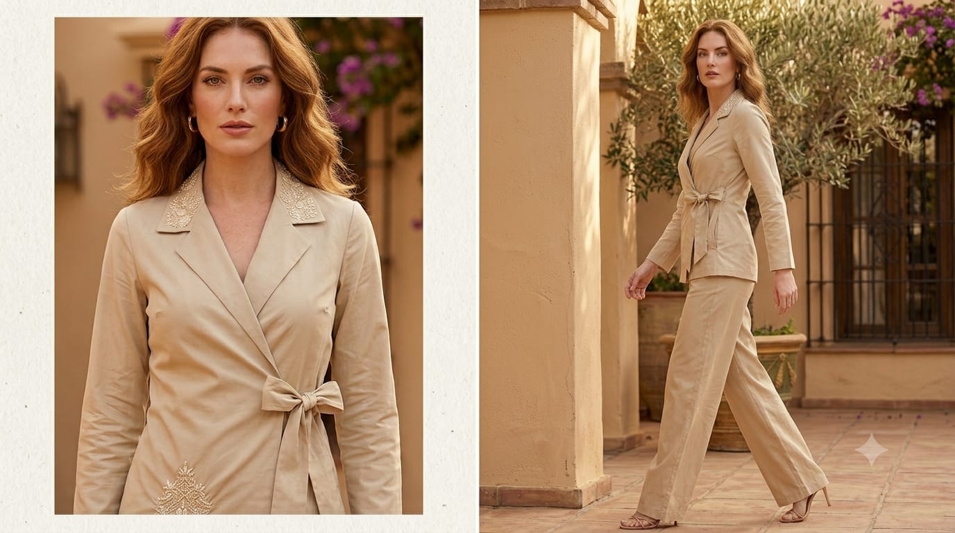 Women's Luxe Beige Embroidered Wrap Coat & Wide-Leg Trouser Co-ord Set