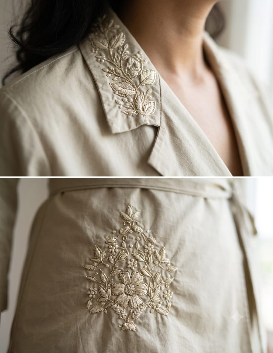 Women's Luxe Beige Embroidered Wrap Coat & Wide-Leg Trouser Co-ord Set