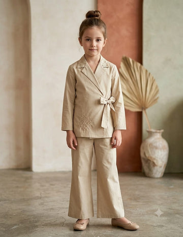 Girl's Luxe Beige Embroidered Wrap Coat & Wide-Leg Trouser Co-ord Set