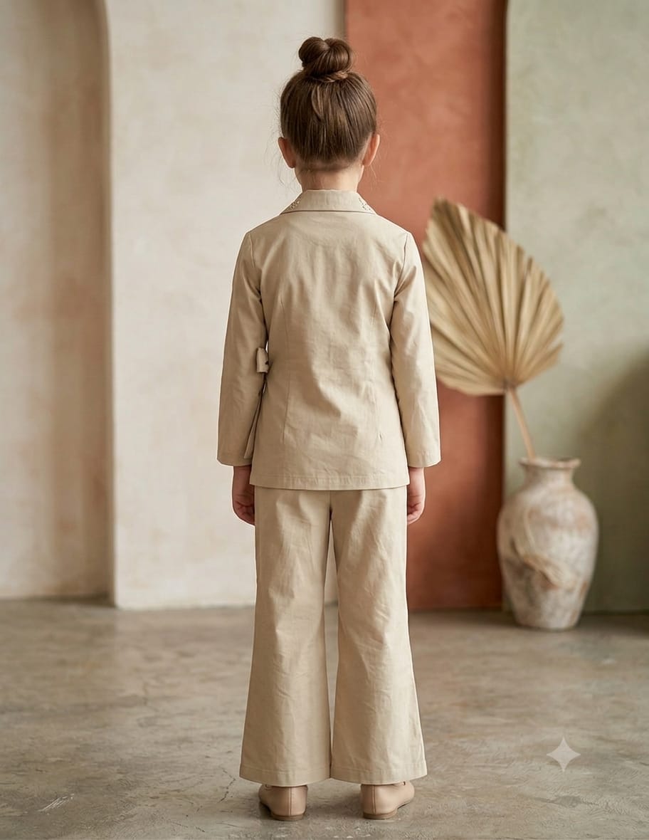 Girl's Luxe Beige Embroidered Wrap Coat & Wide-Leg Trouser Co-ord Set
