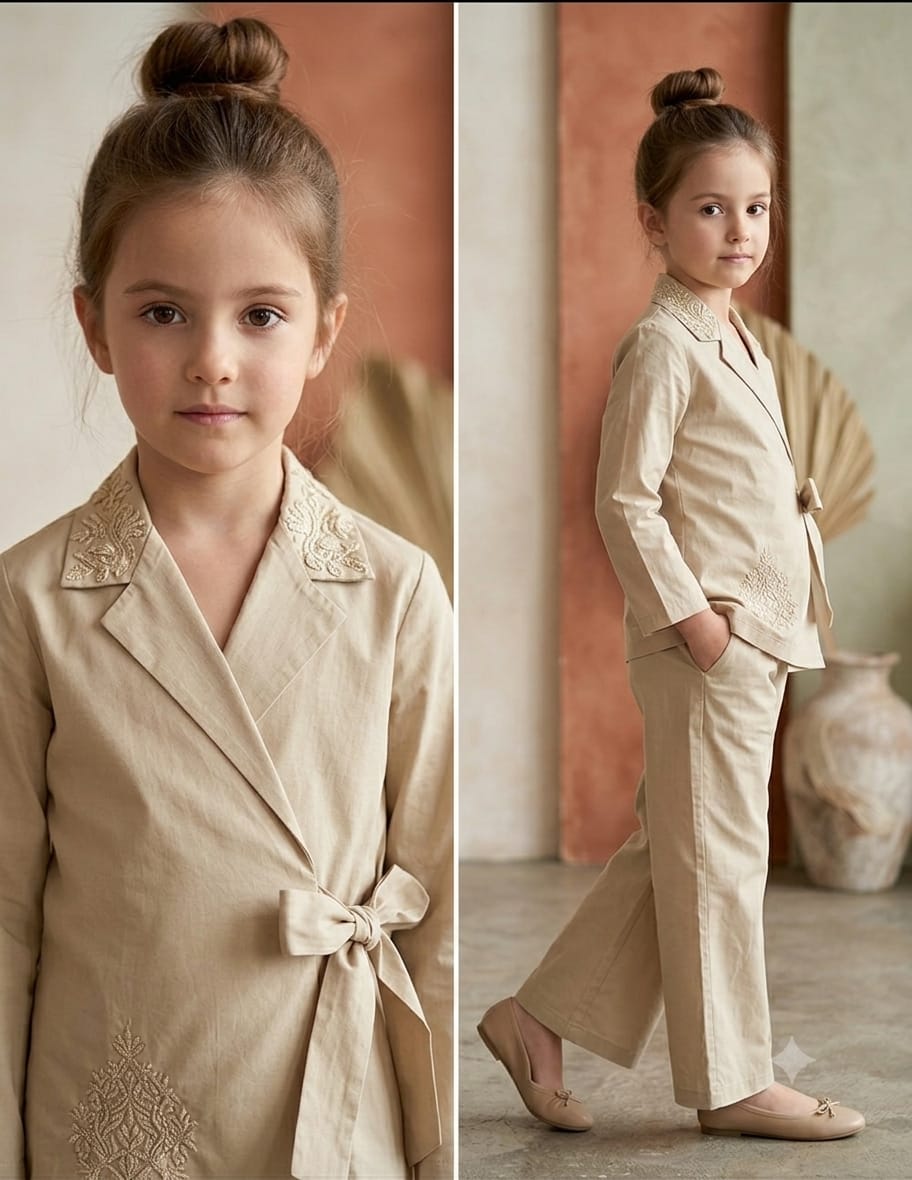 Girl's Luxe Beige Embroidered Wrap Coat & Wide-Leg Trouser Co-ord Set
