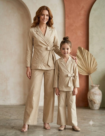 Mom & Daughter Luxe Beige Embroidered Wrap Coat & Wide-Leg Trouser Matching Co-ord Set