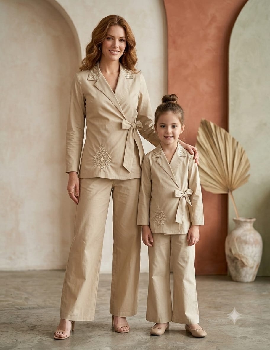 Mom & Daughter Luxe Beige Embroidered Wrap Coat & Wide-Leg Trouser Matching Co-ord Set