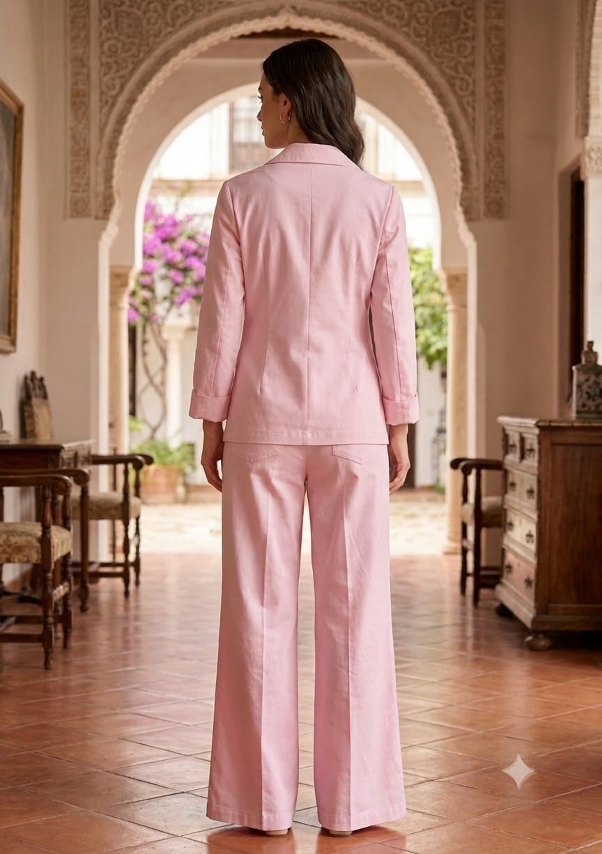 Women's Luxe Blush Pink Embroidered Wrap Coat & Wide-Leg Trouser Co-ord Set