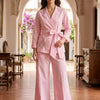 Women's Luxe Blush Pink Embroidered Wrap Coat & Wide-Leg Trouser Co-ord Set