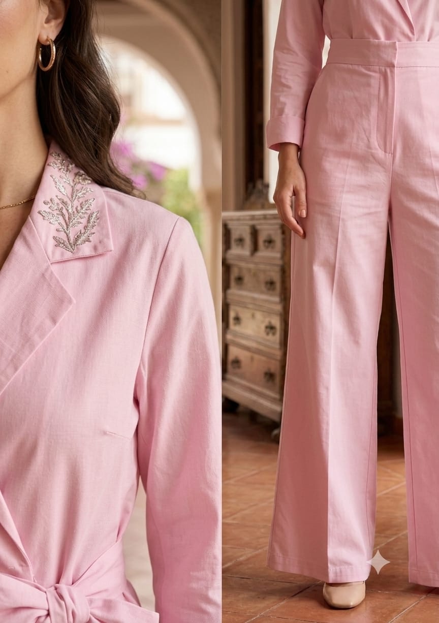 Women's Luxe Blush Pink Embroidered Wrap Coat & Wide-Leg Trouser Co-ord Set