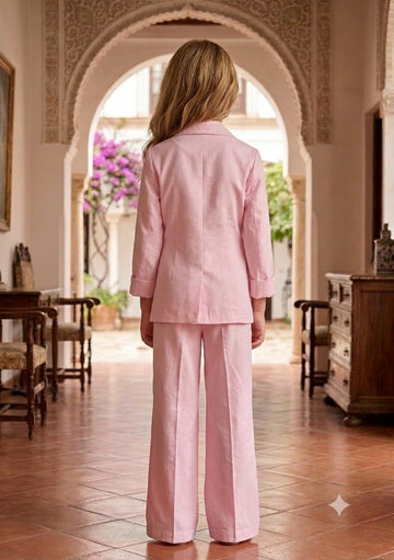 Girl's Luxe Blush Pink Embroidered Wrap Coat & Wide-Leg Trouser Co-ord Set