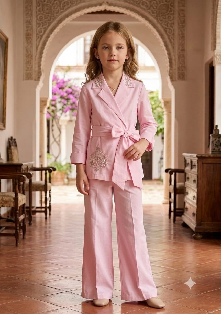 Girl's Luxe Blush Pink Embroidered Wrap Coat & Wide-Leg Trouser Co-ord Set