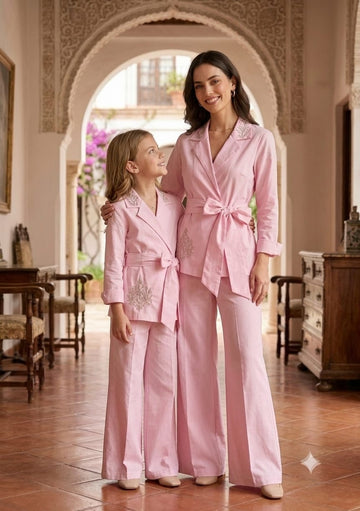 Mom & Daughter Blush Pink Embroidered Wrap Coat & Wide-Leg Trouser Matching Co-ord Set